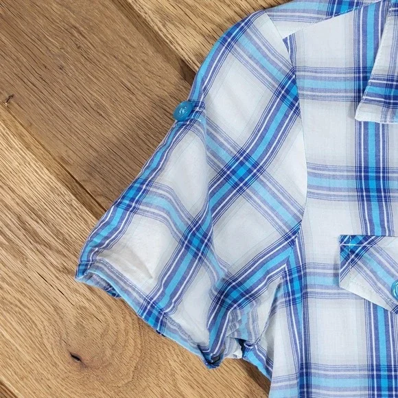 L.E.I. Shirt Dress Women Junior M Plaid Button Front Short Sleeve Blue White - Picture 3 of 9